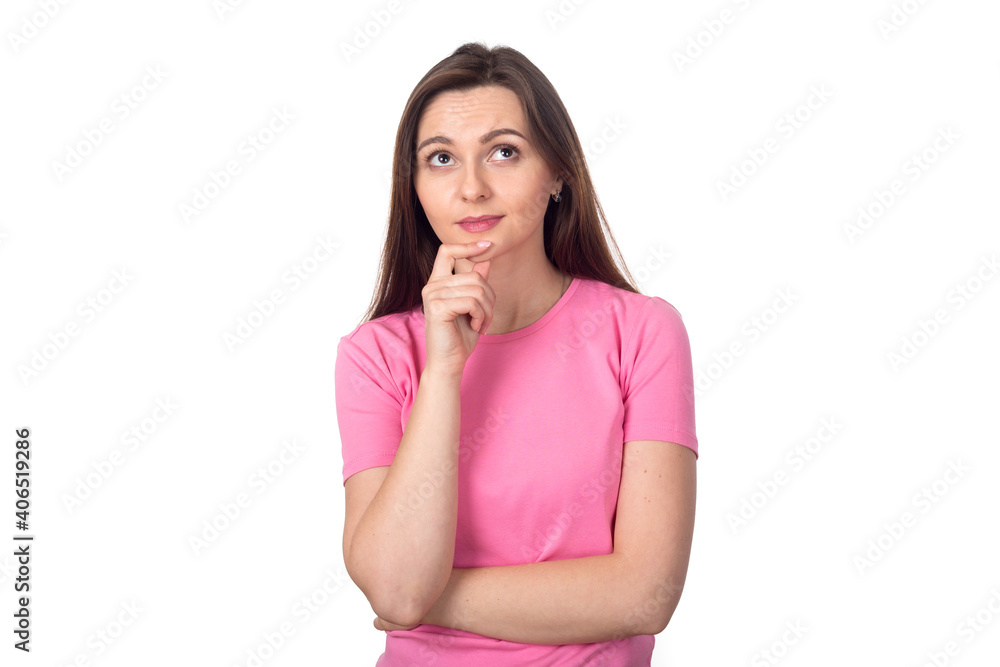 Beautiful loving brunette woman dreaming, isolated on white background. Female brunette in a pink sweater. Place for text. Beautiful loving brunette woman dreaming, isolated on white background. Female brunette in a pink sweater. Place for text.