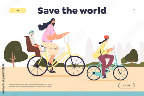 Ride bike to save world concept of landing page with mother cycling together with two kids