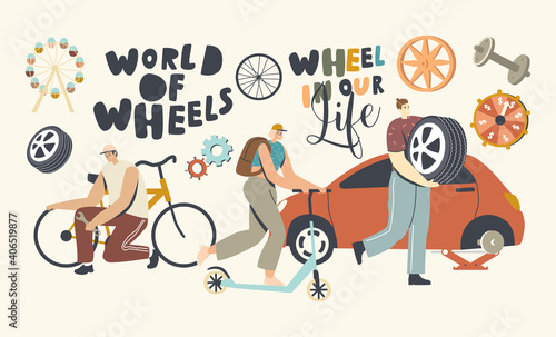 Wheeled Transport in Human Life Concept. Male and Female Characters Fixing Bicycle, Riding Scooter, Change Tyres on Car