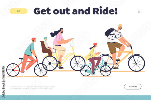 Family ride concept of landing page with parents and kids cycling together in park