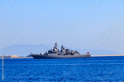Turkish navy warship sailing in the Mediterranean sea. Protection of water borders of Turkey