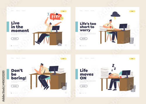 Office work stress, inactive and lazy workers. Set of landing pages with managers on workplace