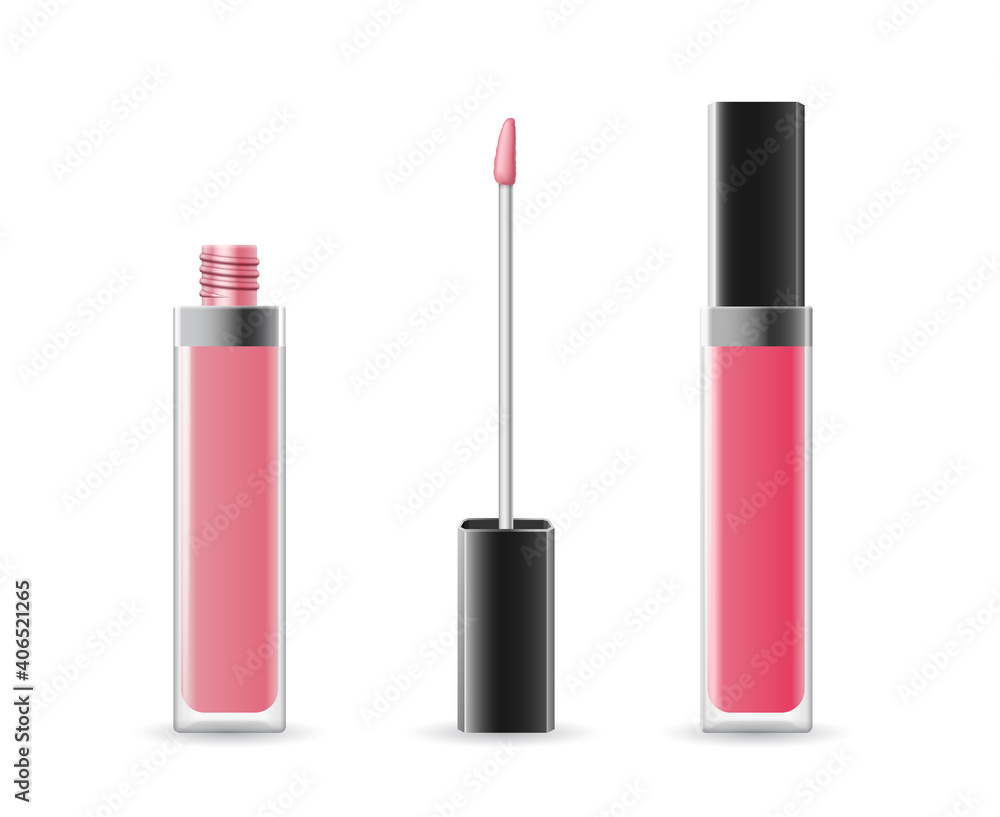 Lip gloss tube template. Lip cream in plastic transparent bottle with black cap on white background Lip gloss tube template. Lip cream in plastic transparent bottle with black cap on white background