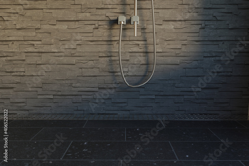 3d rendering of shower tray in stone tiles style in the evening sunlight