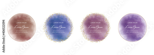 Purple, blue and red round watercolor with golden confetti frames 