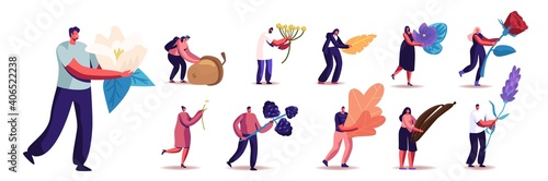 Set of People with Different Plants. Male and Female Characters Holding Berries, Flowers and Seeds, Acorn, Vanilla Stick
