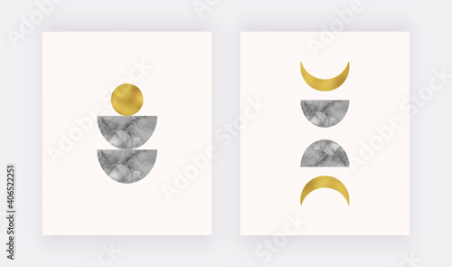 Boho wall art print with black moon and sun alcohol ink, golden foil texture. 