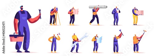 Set of People Workers Profession. Male Characters in Working Overalls Holding Different Instruments and Work Equipment