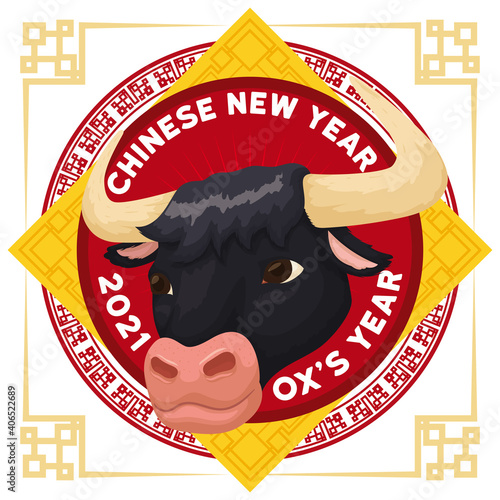 Button with Date and Ox Head for Chinese New Year, Vector Illustration