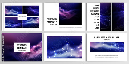 Vector layouts of presentation templates for brochure, cover design, flyer, book design, magazine, poster. Digital data visualization, polygonal science dark background.