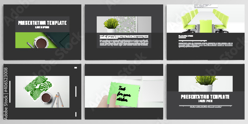 Vector layouts of presentation design templates for brochure, cover design, flyer, book design, magazine, poster. Home office concept, study or freelance, working from home.