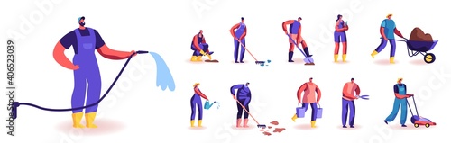 Set of People Gardening Activity. Male and Female Characters Care of Plants, Growing Vegetables and Flowers, Watering