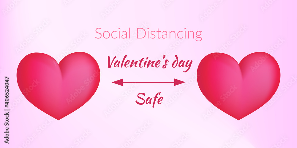 Celebrating Valentine's Day safely during the coronavirus pandemic. 2 hearts are located at a safe distance from each other. The concept of safe love during covid 19.