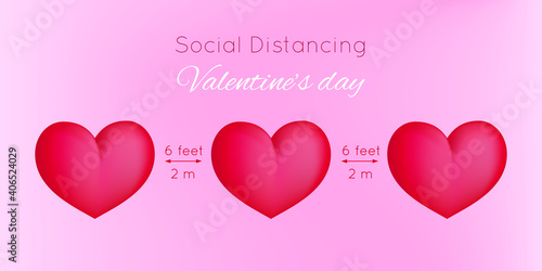 Celebrating Valentine's Day safely during the coronavirus pandemic. 3 hearts are located at a safe distance from each other. The concept of safe love during covid 19.