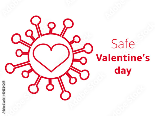 Celebrating Valentine's Day safely during the coronavirus pandemic. The heart is located inside the corona virus bacteria. The concept of safe love during covid 19. Vector illustration love banner.