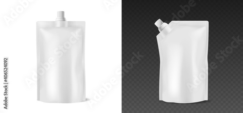 White doypack with cup for food, drink or detergent editable empty mockup isolated