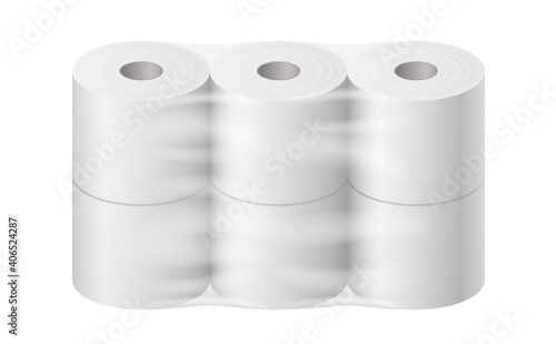 Toilet paper pack realistic. White mock up with transparent wrapping template for branding