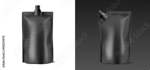 Realistic doypacks with top and corner cups. Editable food package mockup isolated