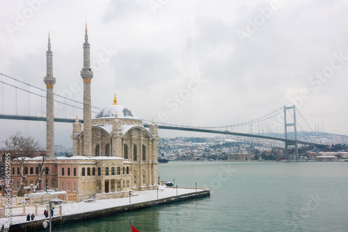 Snowy day in Ortakoy, Istanbul, Turkey.