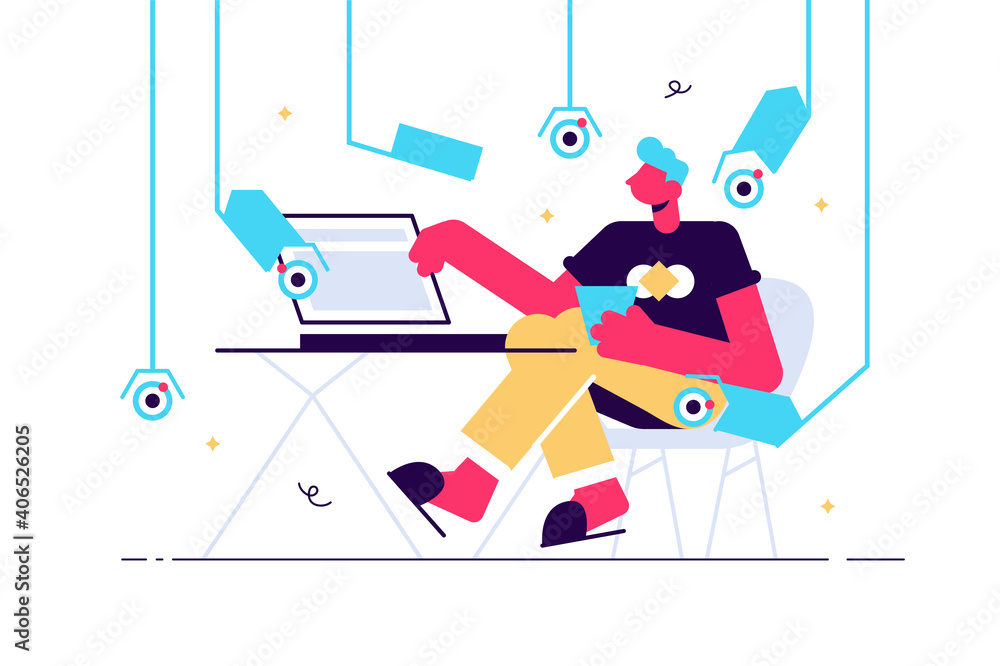 Surveillance, Young male character surrounded by CCTV cameras Surveillance, Young male character surrounded by CCTV cameras