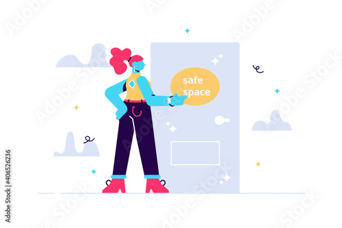 Safe space, young female character knocking on door, mental