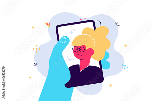 A portrait of a young female character on a mobile screen, millennial