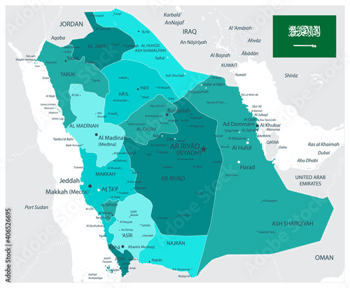 Saudi Arabia Map Administrative Divisions Teal Colors