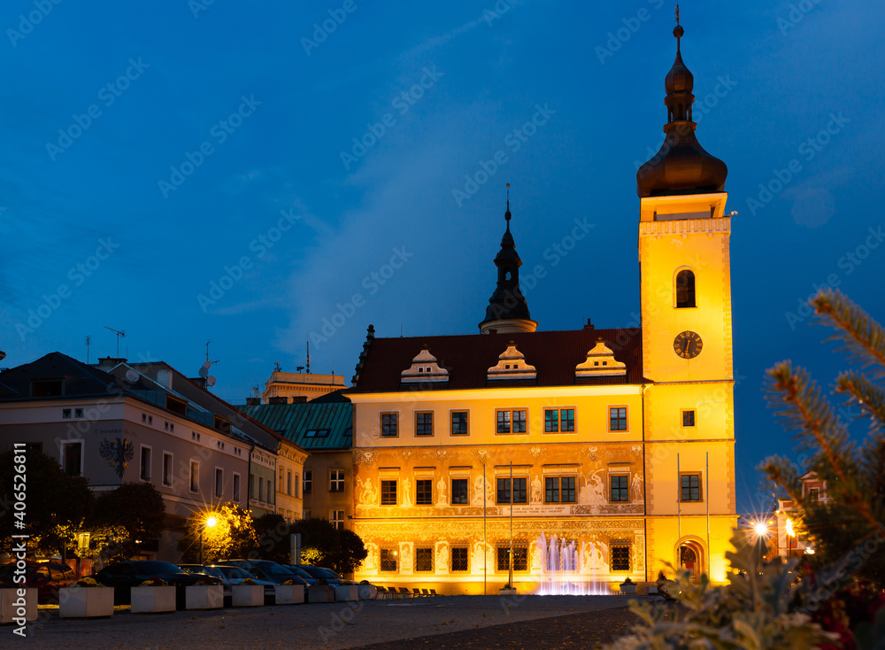 Scenic night view of illuminated building of Old Town Hall on central square of Mlada Boleslav, Czech Republic
