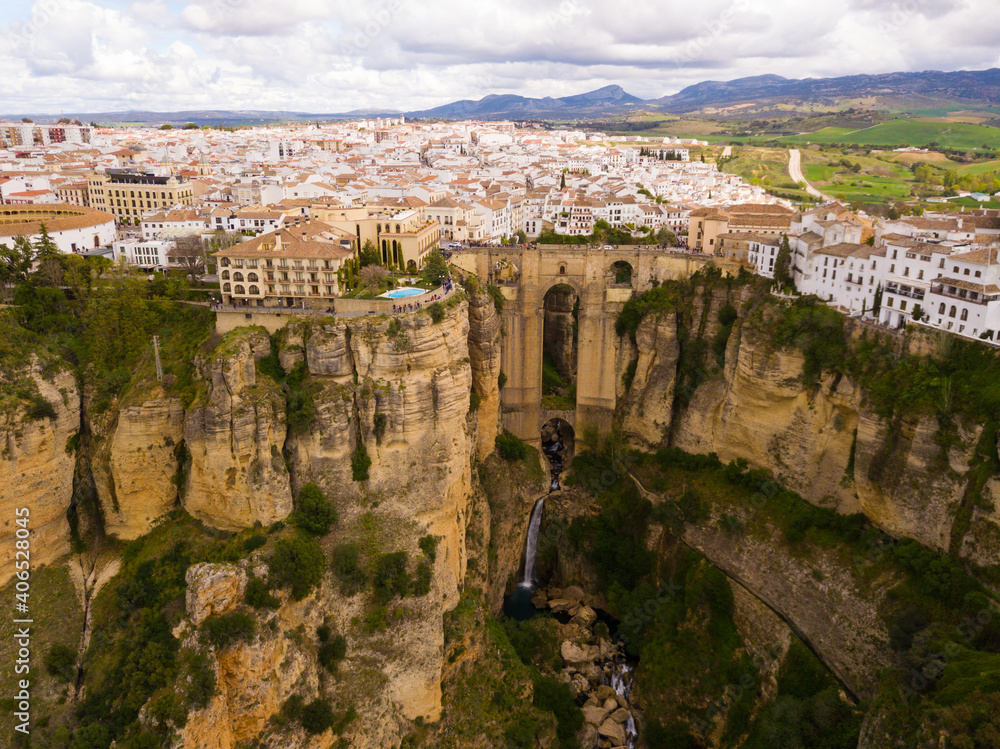 Aerial view of ancient city of Ronda located on two edges of gorge with Guadalevin river, Andalusia, Spain