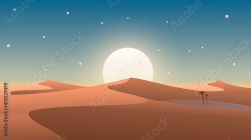 Desert cover with oasis and palm trees. Nature background. Vector