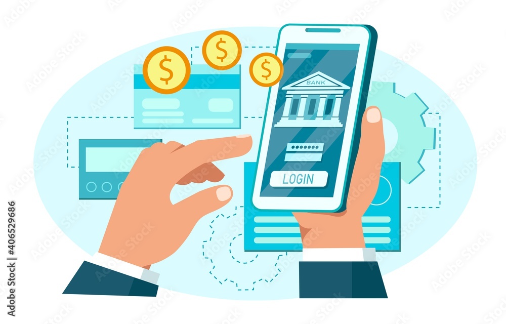 Hand holding smartphone screen with bank, money, credit cards. People using mobile gadget for online banking and accounting. Vector flat illustration. Design for online banking, finance, technology.