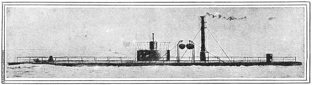 Fototapeta premium USS Nausett (1865), a single-turreted, twin-screw monitor, was built by Donald McKay, South Boston, MA. Illustration of the 19th century. Germany. White background.