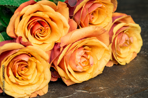 Macro close up of fresh orange and red roses on  abstract background photo