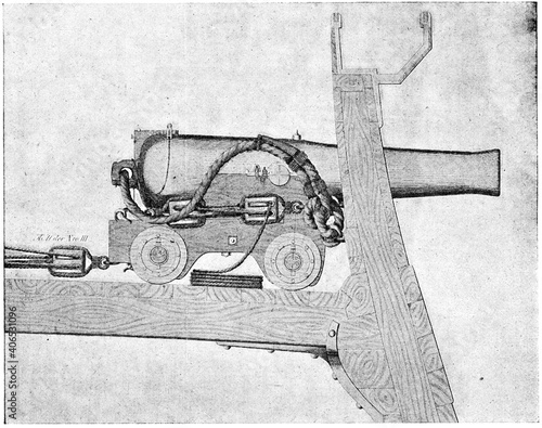 Carronade broadside protection. A carronade is a short, smoothbore, cast-iron cannon which was used by the Royal Navy. Illustration of the 19th century. Germany. White background. photo