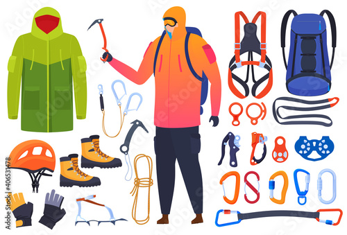 Set of equipment for climbing, climbers. Insurance, carbines, ice ax. Helmet, boots, claws, gloves. Extreme sports. Vector illustration