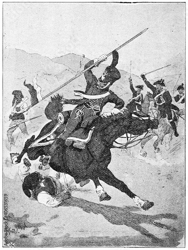 French lancer gendarme from 1810 in battle with Spanish guerrillas. Illustration of the 19th century. Germany. White background.