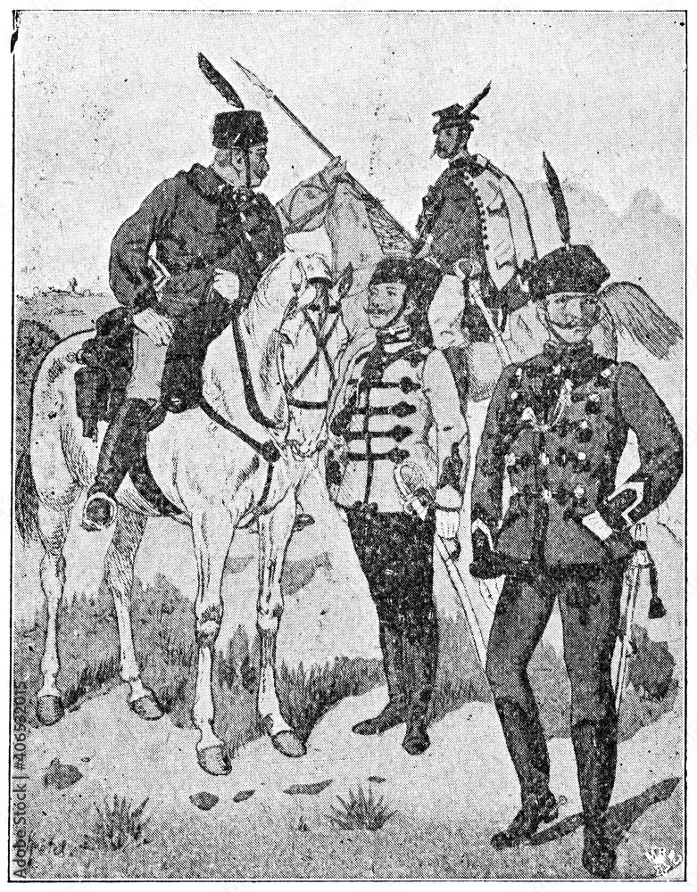 Obraz premium Austro-Hungarian cavalry (1862). Illustration of the 19th century. Germany. White background.