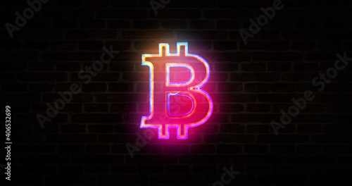 Bitcoin money symbol neon on brick wall illustration