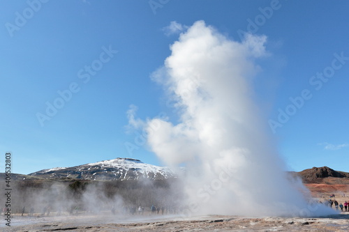 Strokkur, Iceland; Apr. 14, 2017. Photographs of an 11-day 4x4 trip through Iceland. Day 1. Golden ring. This iconic route represents one of Iceland’s most popular day tours, where you can discover la