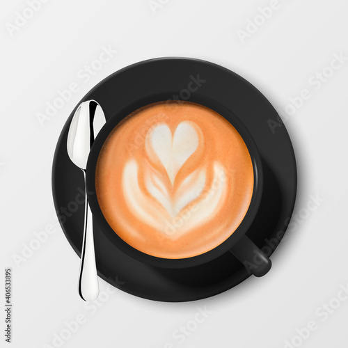 Vector 3d Realistic Black Porcelain Ceramic Mug, Milk Coffee, Foam, Heart Pattern. Steel Silver Spoon, Saucer Isolated. Capuccino, Latte. Design Template for Mockup. Top View