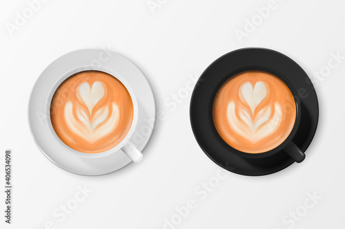 Vector 3d Realistic Ceramic White and Black Coffee Mug, Cup, Saucer Isolated. Milk Coffee, Foam, Flower, Heart Pattern. Espresso, Capuccino, Latte. Design Template. Top View