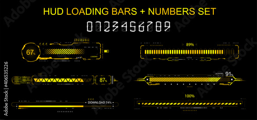 HUD progress loading bars collection. Futuristic progress lines - download, upload, time line, loading for GUI, UI, App, web design and other. Abstract futuristic interface collection HUD. Vector set