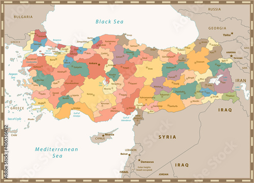 Old retro color map of Turkey
