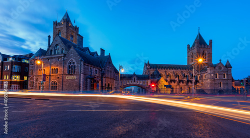 Arch of the Christ Church Cathedral in Dublin, Ireland at night Traffic lights through the Arch of the Christ Church Cathedral in Dublin, Ireland at night Dublinia and Christ Church Cathedral