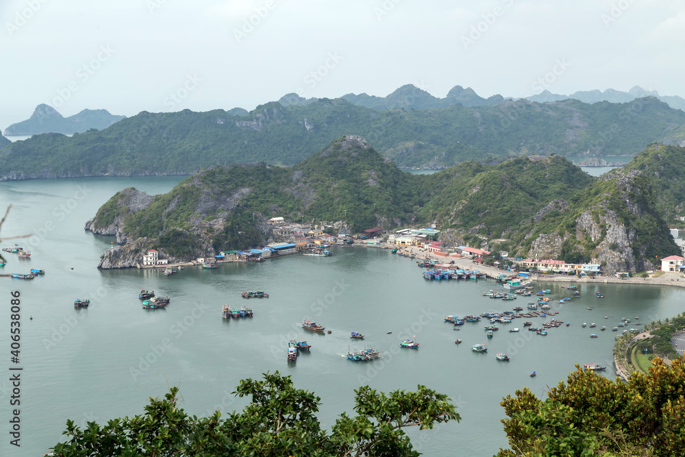Panorama view of fishing boats Ha Long Bay landscape, Vietnam