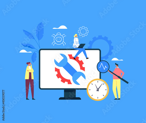 Computer repair diagnostic concept. Vector flat graphic design illustration