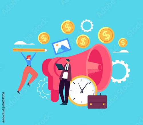 Promotion teamwork loud speaker work. Advertisement concept. Vector flat graphic design illustration