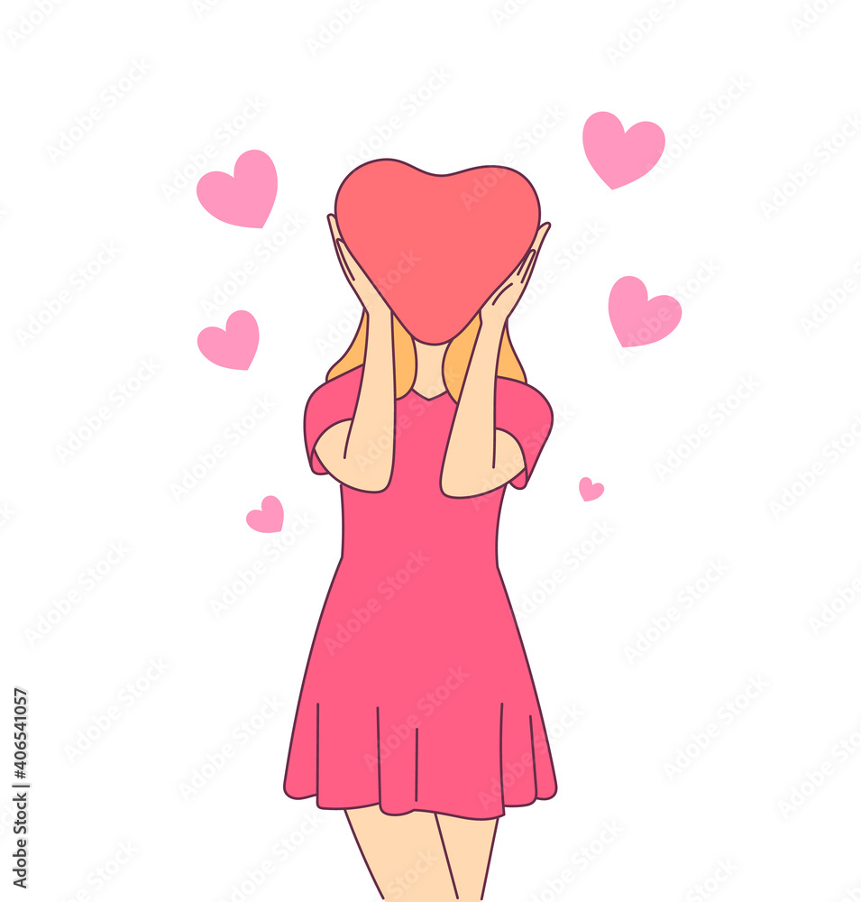 Love, valentines day concept. Romantic young woman girl with paper heart. Modern line style illustration Love, valentines day concept. Romantic young woman girl with paper heart. Modern line style illustration