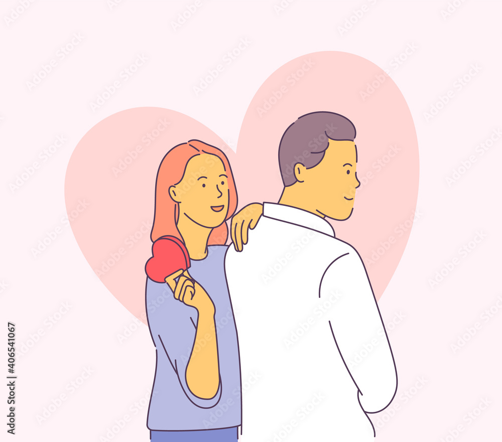Love story or Valentines day concept. Young happy couple with Valentine's Day gift in heart shaped box. Modern line style illustration Love story or Valentines day concept. Young happy couple with Valentine's Day gift in heart shaped box. Modern line style illustration