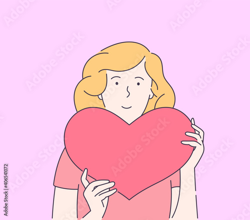 Love, dating, romance, relationship, togetherness, couple concept. Young smiling woman holding big red heart. Modern line style illustration